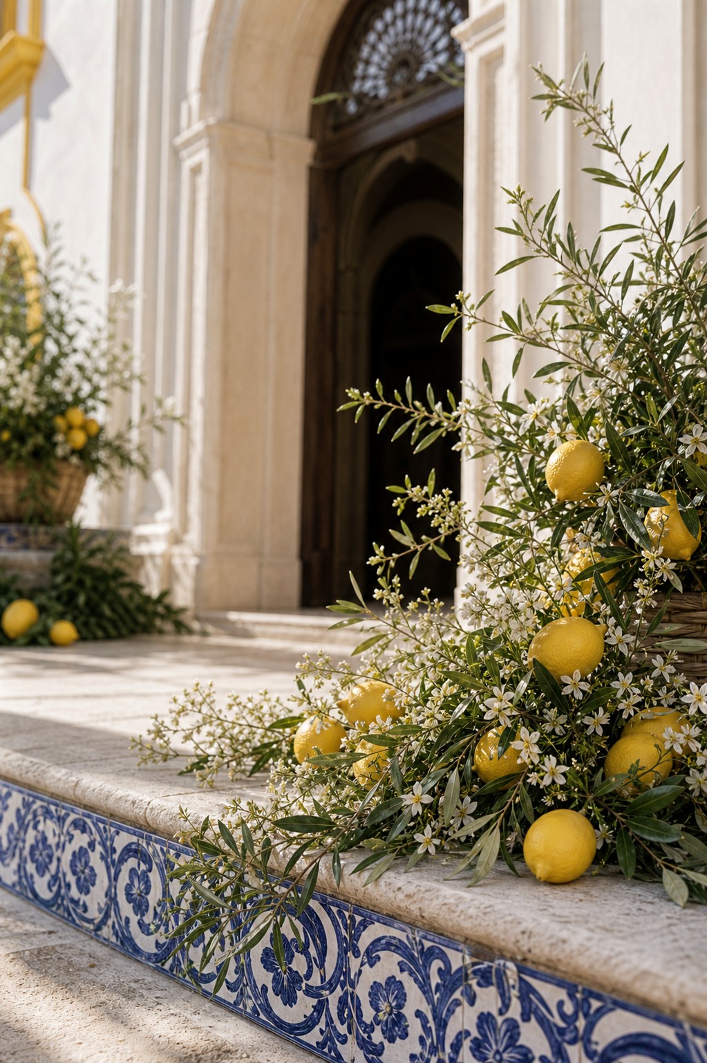 Mediterrane Kirche mit Zitronen und Blumen