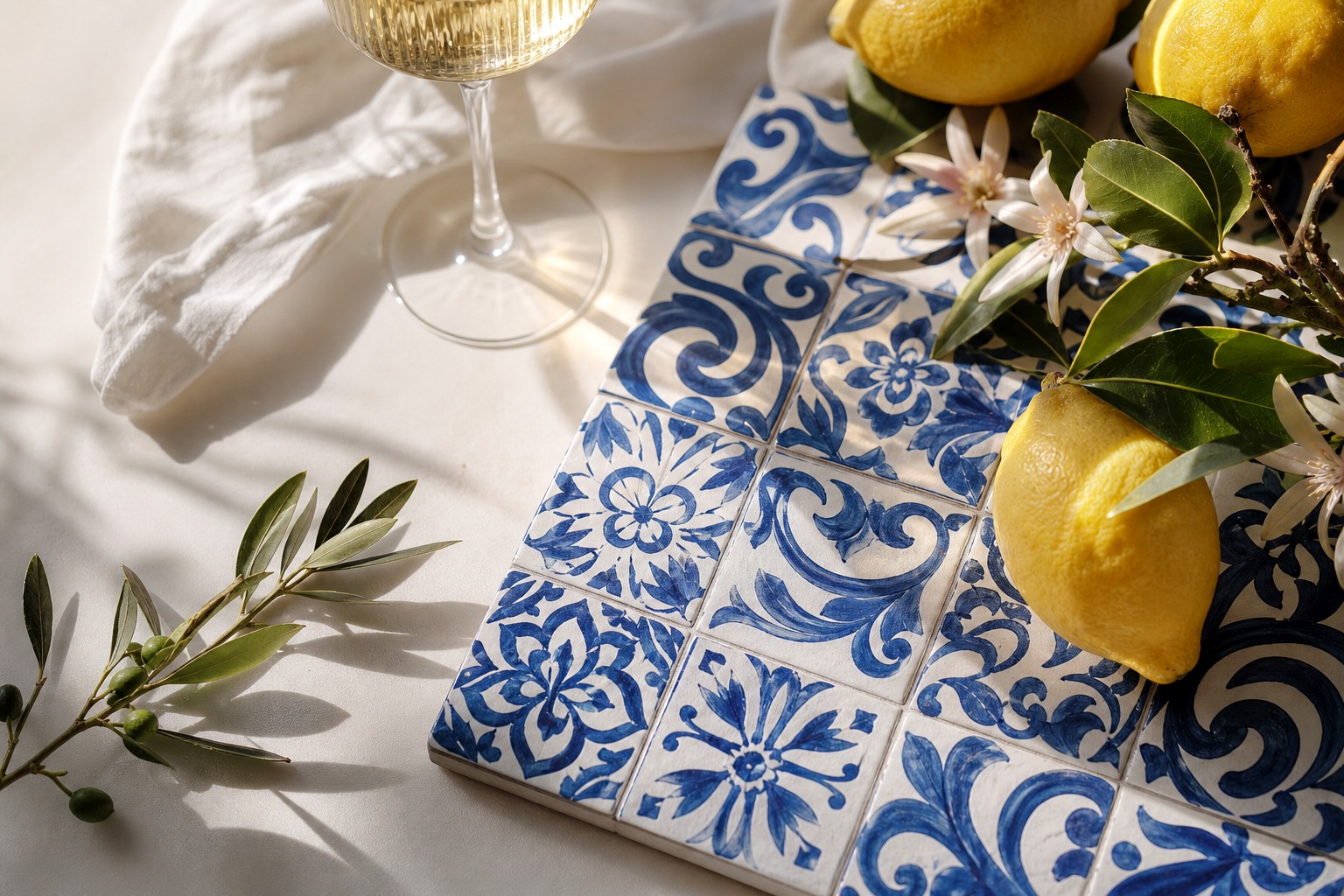 Amalfi-Detail mit Zitronen Wein und Keramikfliesen